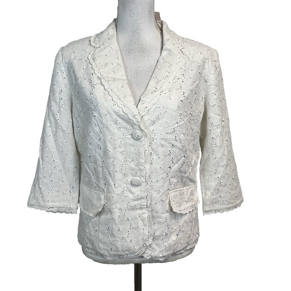 Dressbarn Blazer Jacket size Medium White Linen Eyelet Wedding Summer Church - Picture 1 of 9